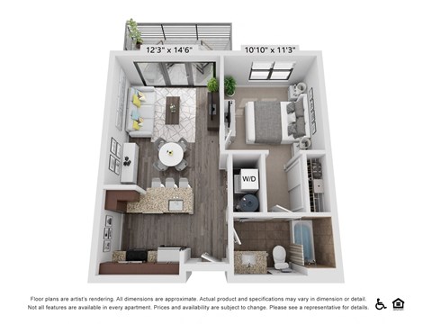 Floor plan for 1 bed, 1 bath, 586 sqft
